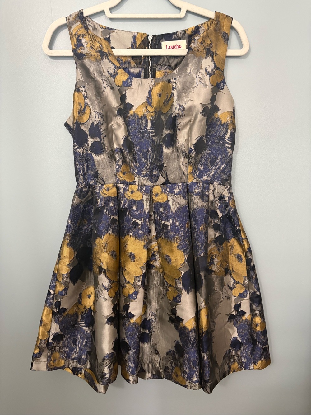 Louche Floral Fit-and-Flare Dress in Metallic Gold & Navy